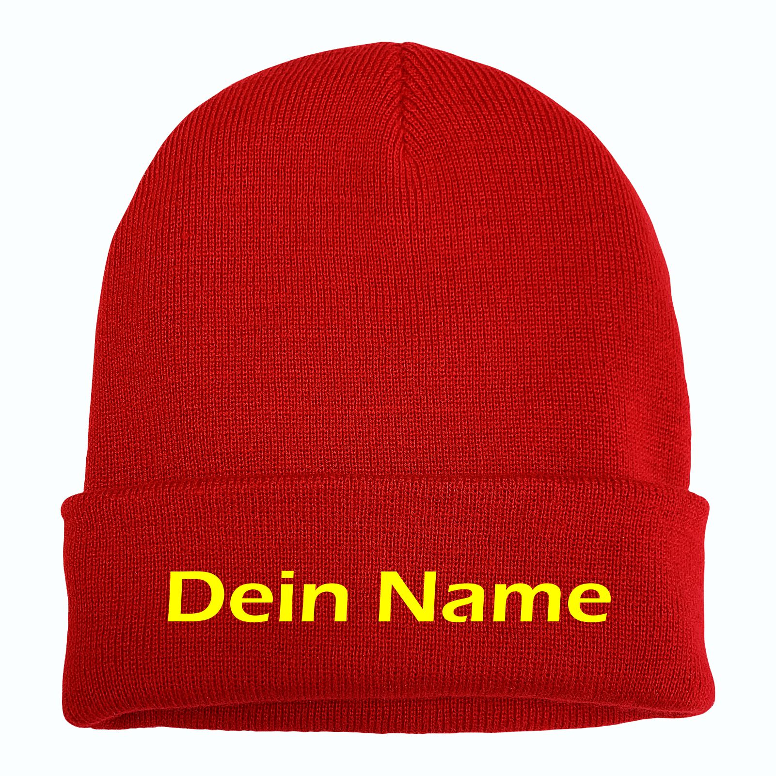 Umschlagmütze mit Wunschtext - Rot - Blockschrift - bestickt - Mütze Strickmütze