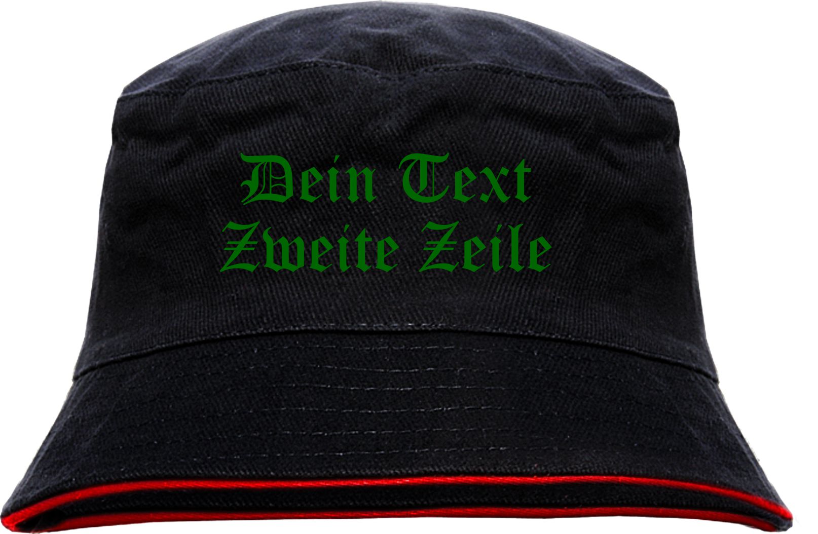 Individueller Fischerhut - schwarz rot - altdeutsch gerade - Bucket Hat mit Wunschtext bedruckt