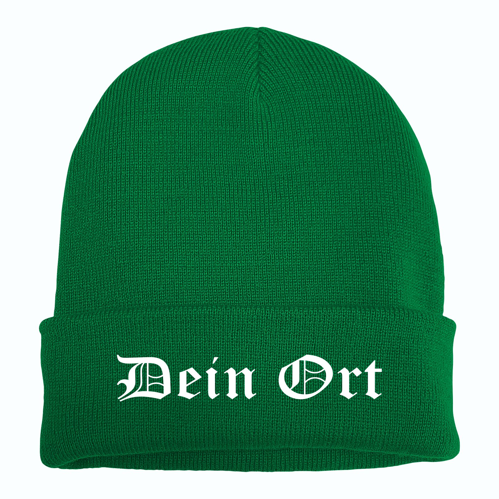 Umschlagmütze mit Wunschtext - Grün - Altdeutsch - bestickt - Mütze Strickmütze