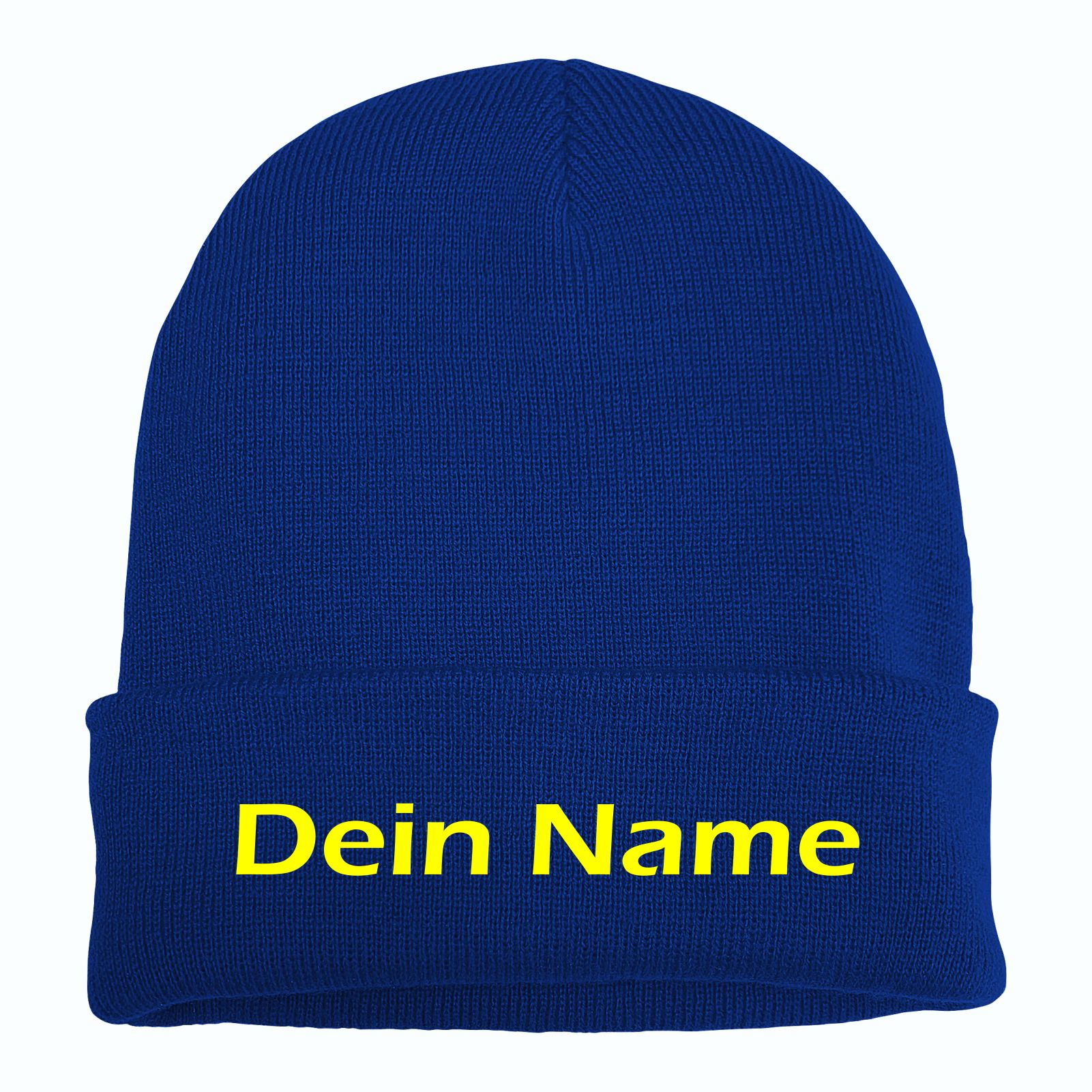 Umschlagmütze mit Wunschtext - Blau - Blockschrift - bestickt - Mütze Strickmütze