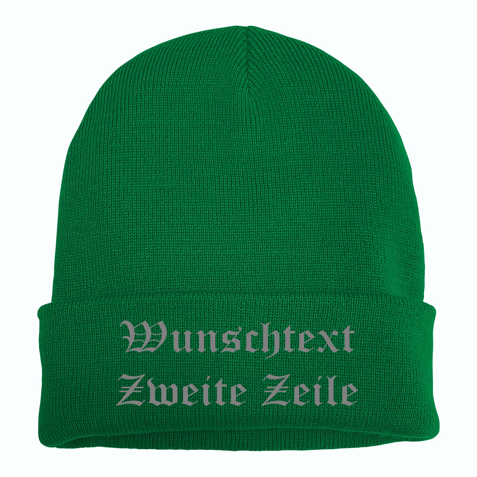 Umschlagmütze mit Wunschtext - Grün - Altdeutsch - bestickt - Mütze Strickmütze