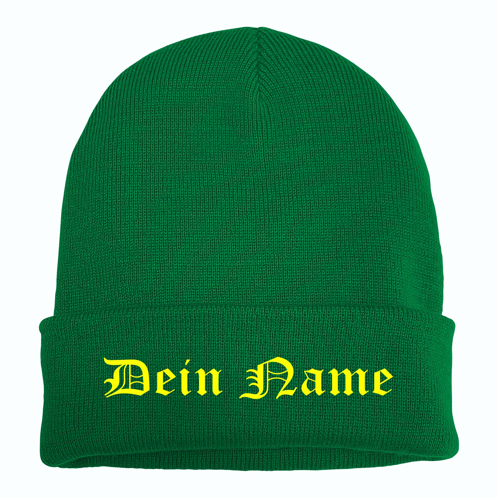 Umschlagmütze mit Wunschtext - Grün - Altdeutsch - bestickt - Mütze Strickmütze