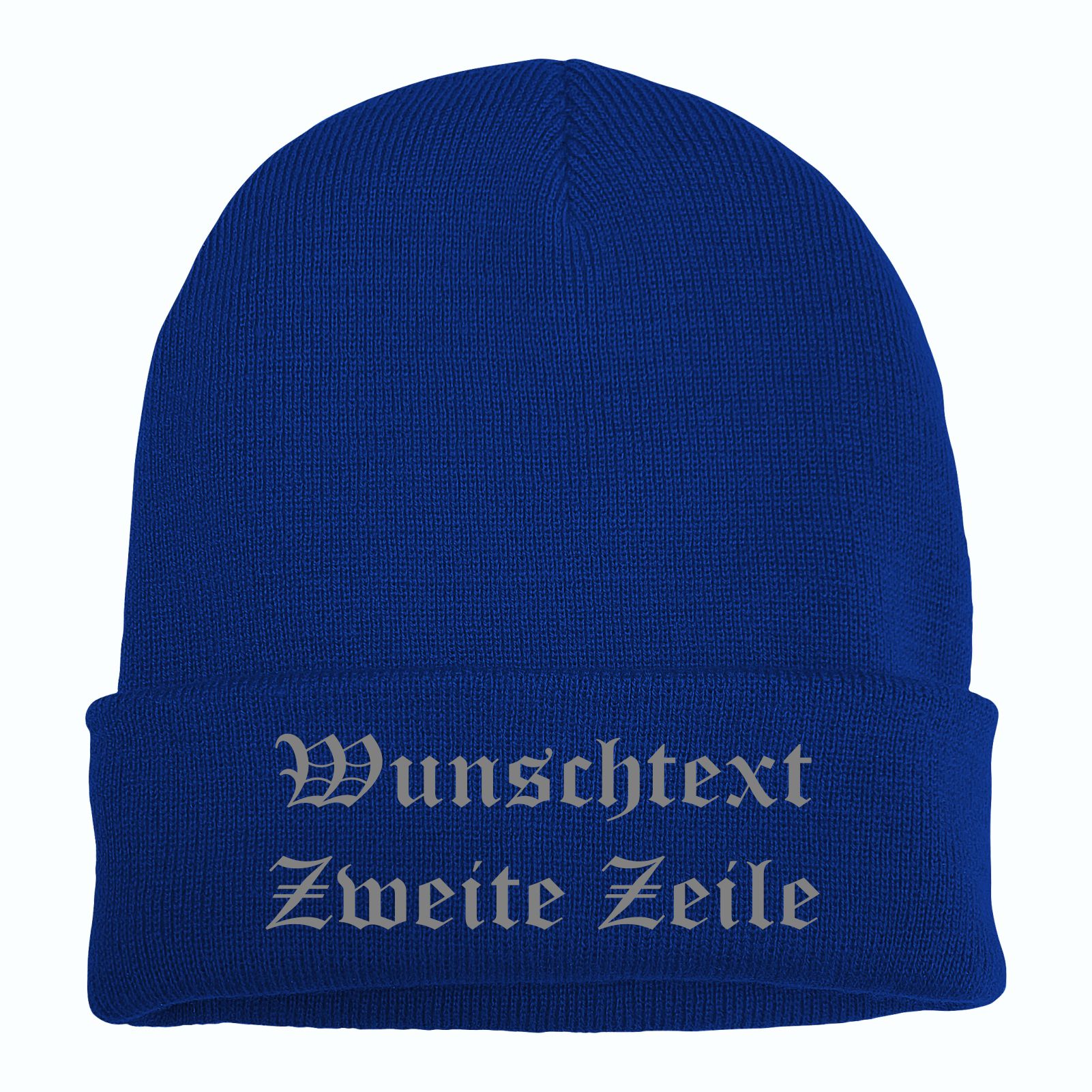 Umschlagmütze mit Wunschtext - Blau - Altdeutsch - bestickt - Mütze Strickmütze
