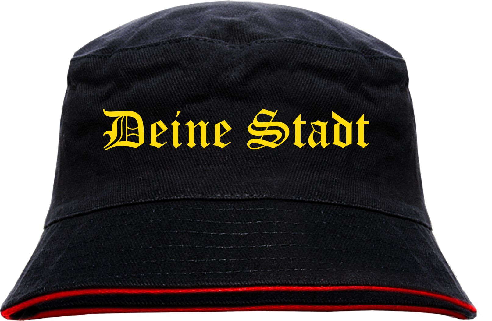 Individueller Fischerhut - schwarz rot - altdeutsch gerade - Bucket Hat mit Wunschtext bedruckt