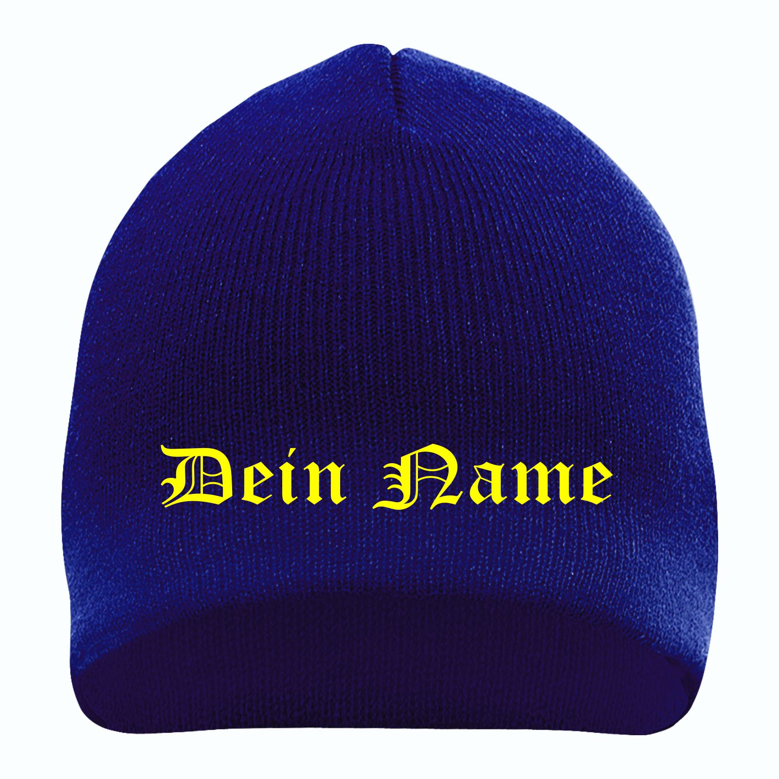 Beanie mit Wunschtext - Blau - Altdeutsch - bestickt - Mütze Strickmütze