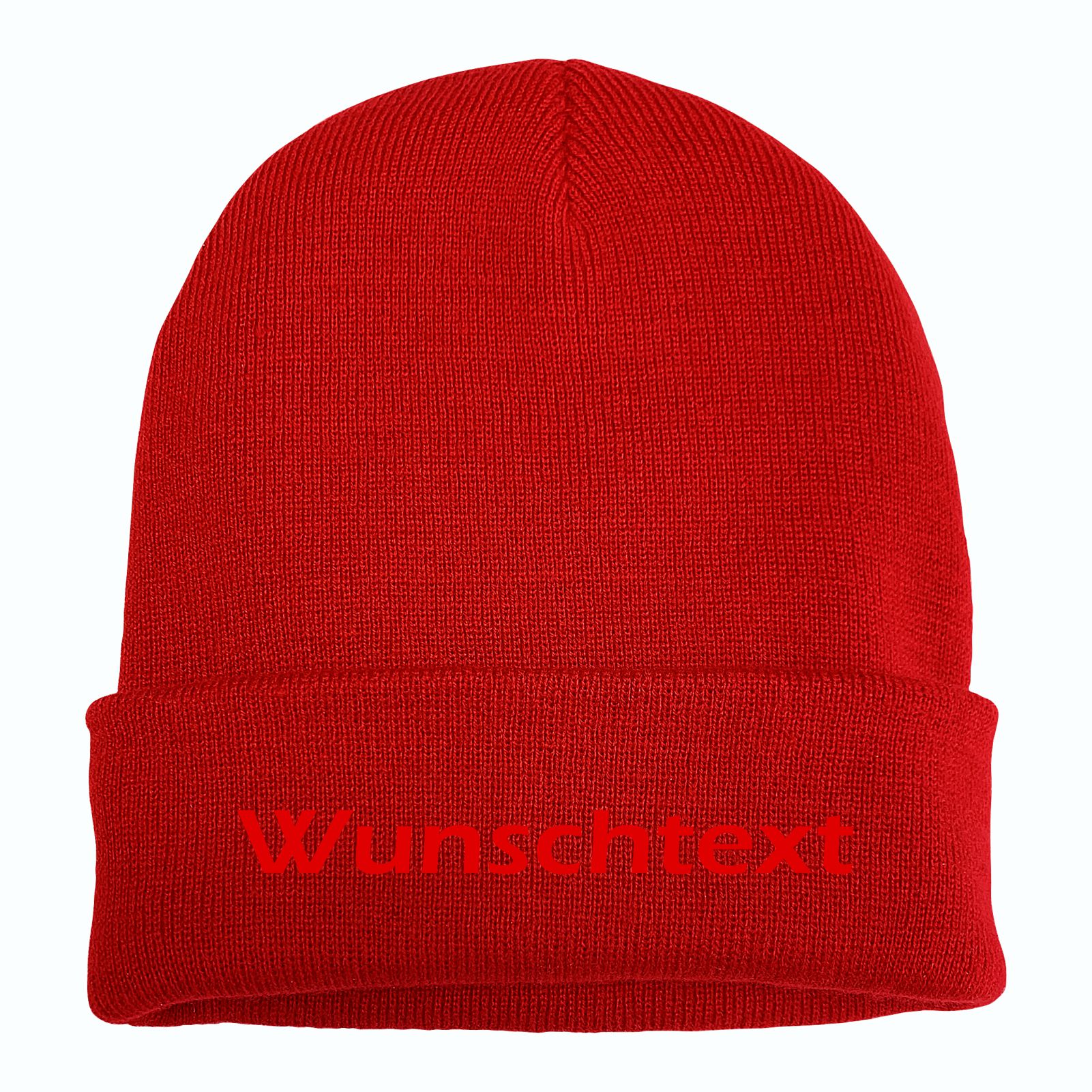 Umschlagmütze mit Wunschtext - Rot - Blockschrift - bestickt - Mütze Strickmütze