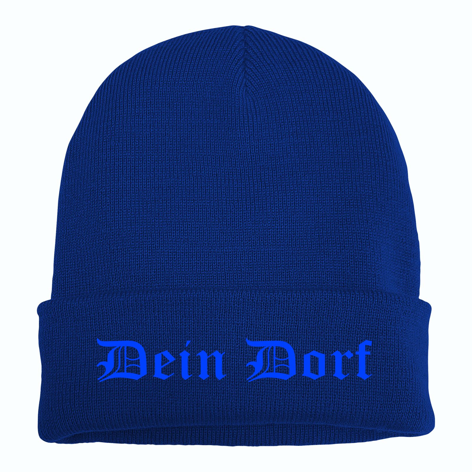 Umschlagmütze mit Wunschtext - Blau - Altdeutsch - bestickt - Mütze Strickmütze