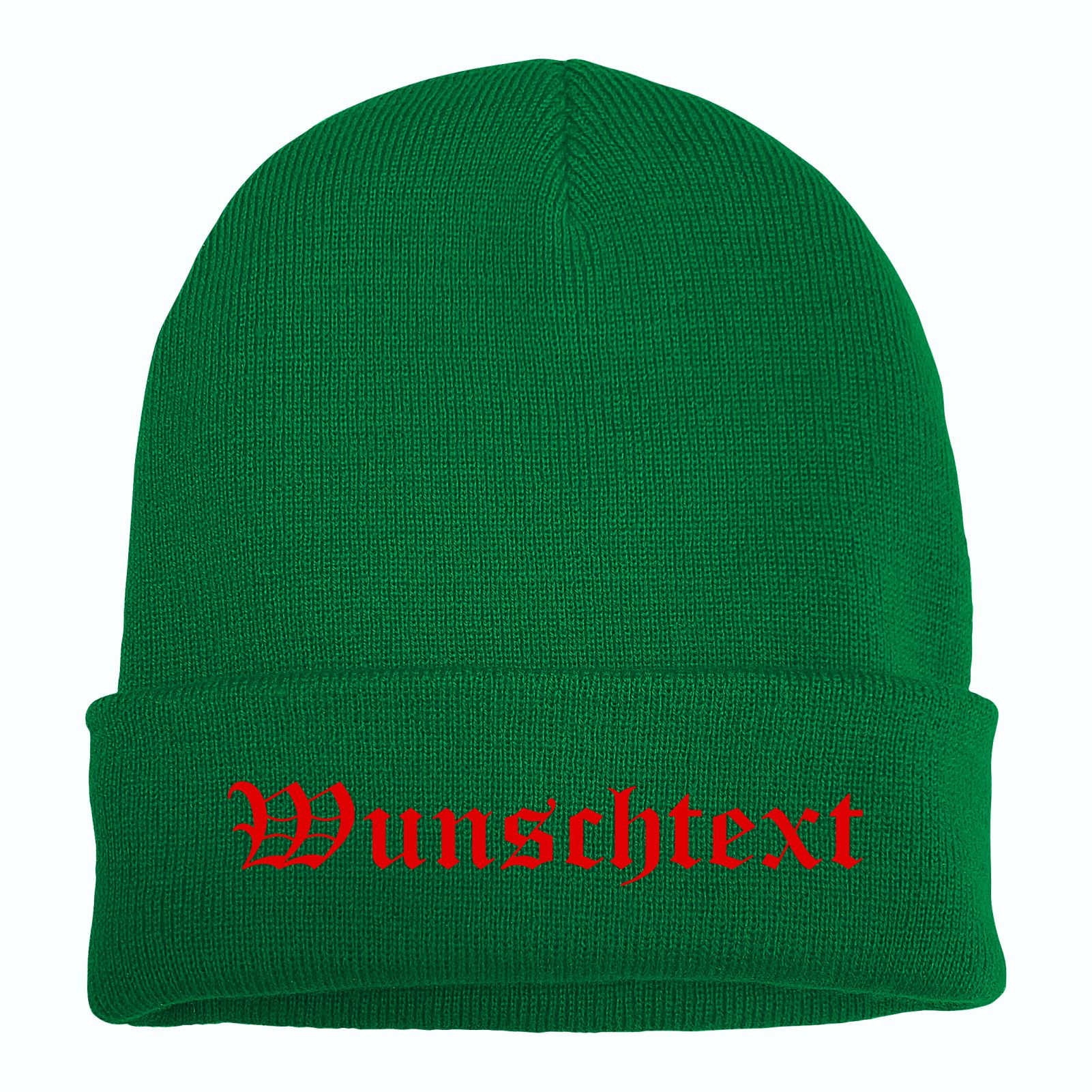Umschlagmütze mit Wunschtext - Grün - Altdeutsch - bestickt - Mütze Strickmütze