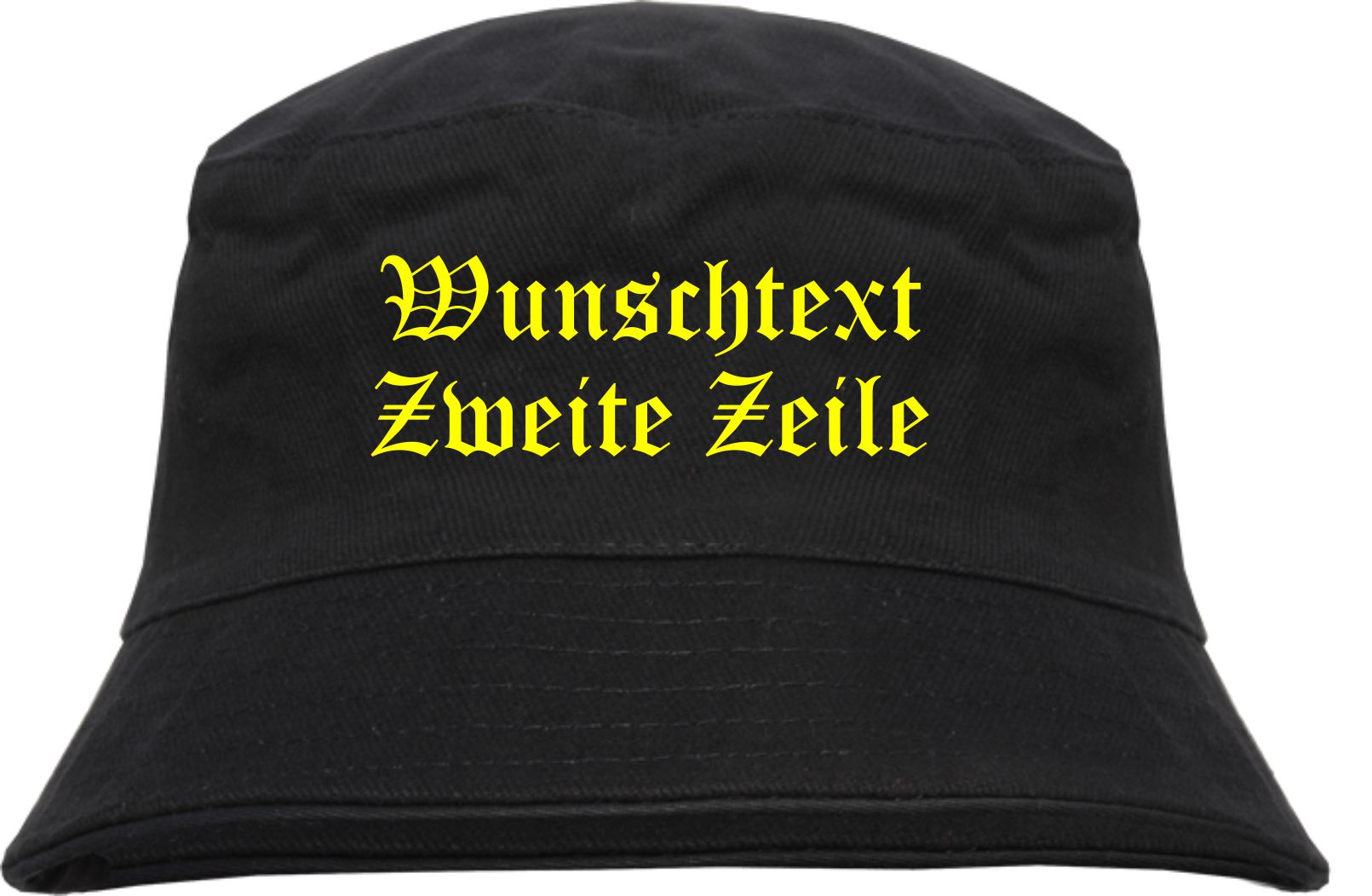 Individueller Fischerhut - schwarz - altdeutsch gerade - Bucket Hat mit Wunschtext bedruckt