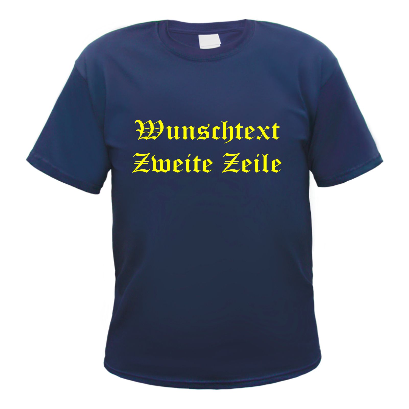 Herren T-Shirt Wunschtext mit Druck - Dunkelblau - NEON - altdeutsch gerade