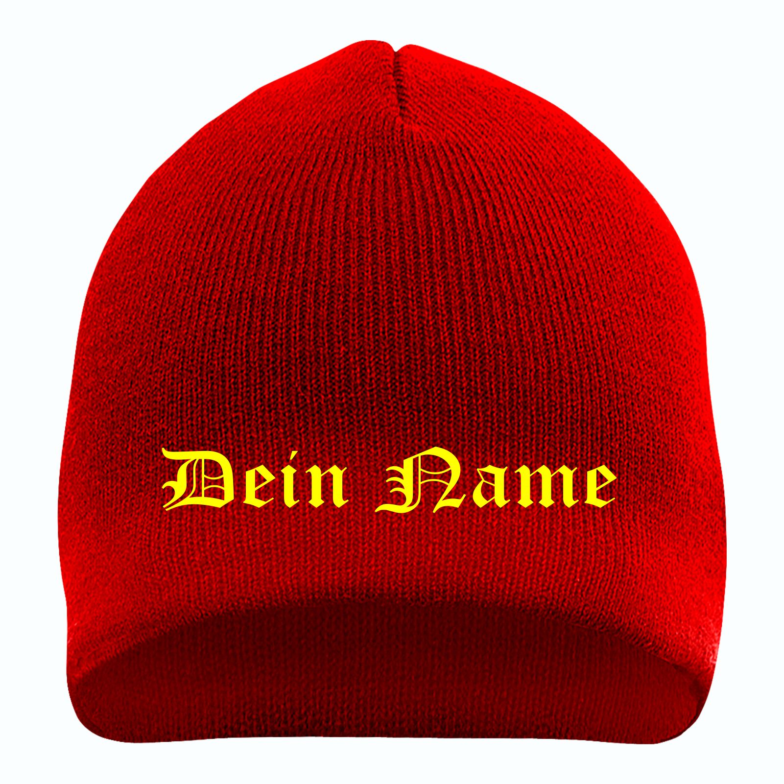 Beanie mit Wunschtext - Rot - Altdeutsch - bestickt - Mütze Strickmütze
