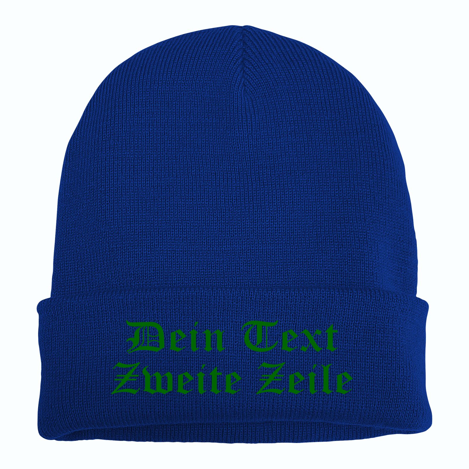Umschlagmütze mit Wunschtext - Blau - Altdeutsch - bestickt - Mütze Strickmütze