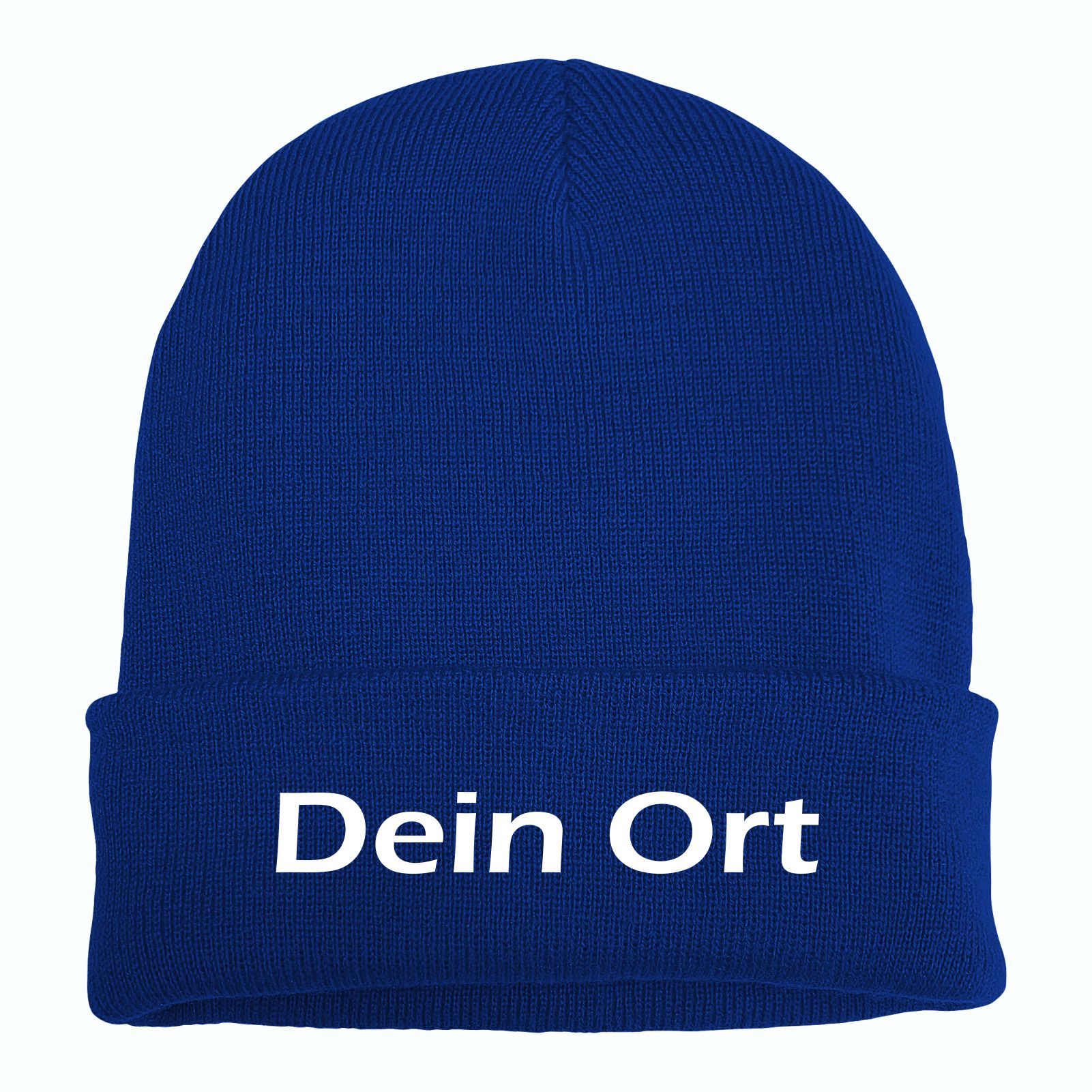 Umschlagmütze mit Wunschtext - Blau - Blockschrift - bestickt - Mütze Strickmütze