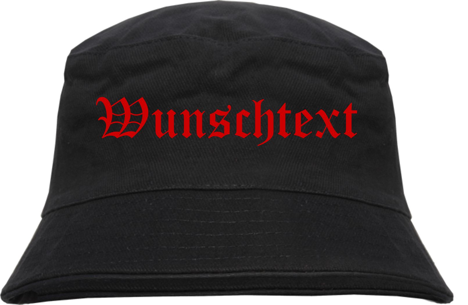 Individueller Fischerhut - schwarz - altdeutsch gerade - Bucket Hat mit Wunschtext bedruckt