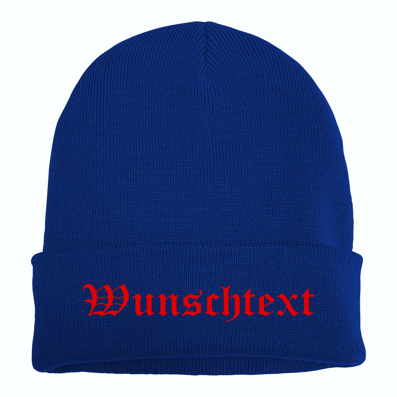 Umschlagmütze mit Wunschtext - Blau - Altdeutsch - bestickt - Mütze Strickmütze