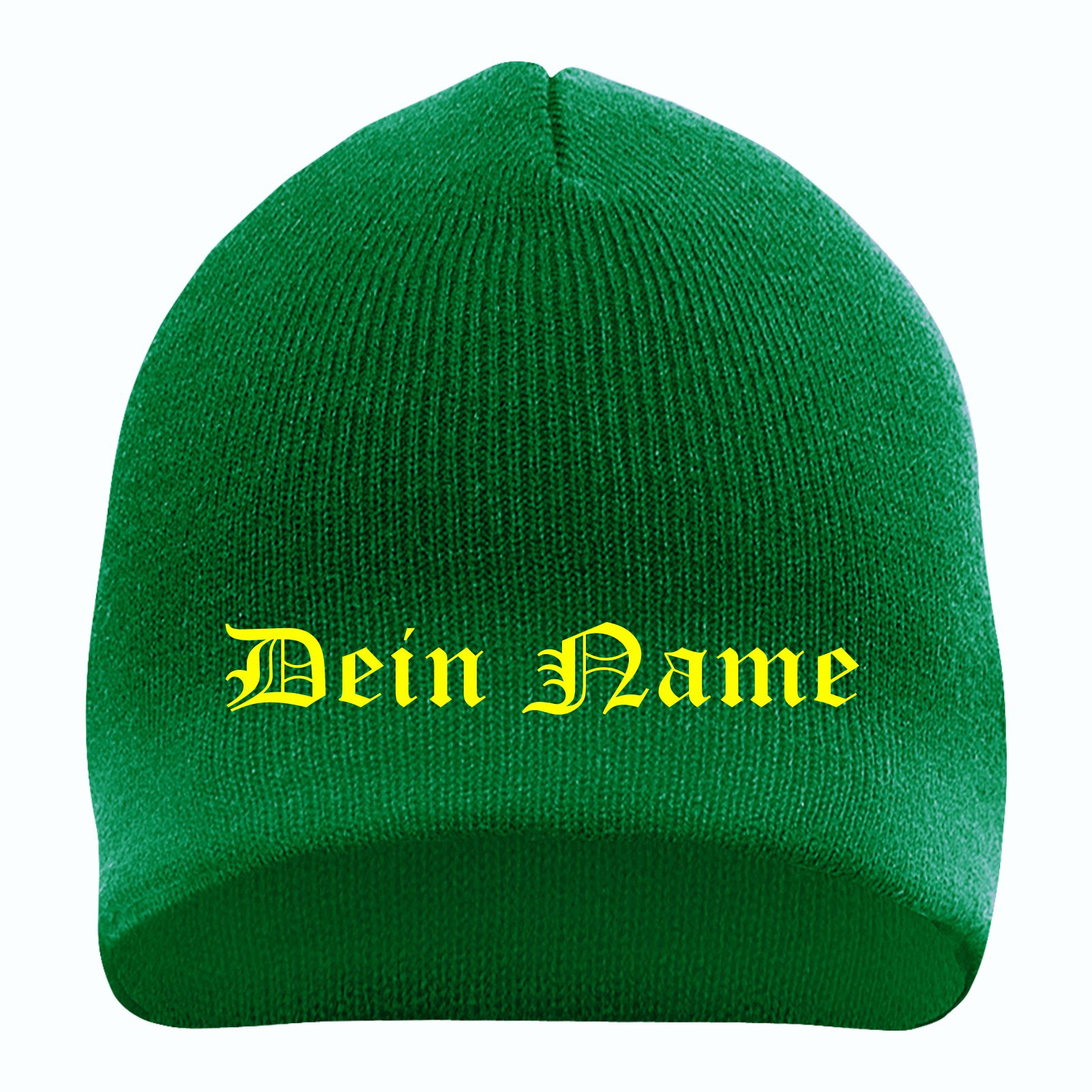 Beanie mit Wunschtext - Grün - Altdeutsch - bestickt - Mütze Strickmütze