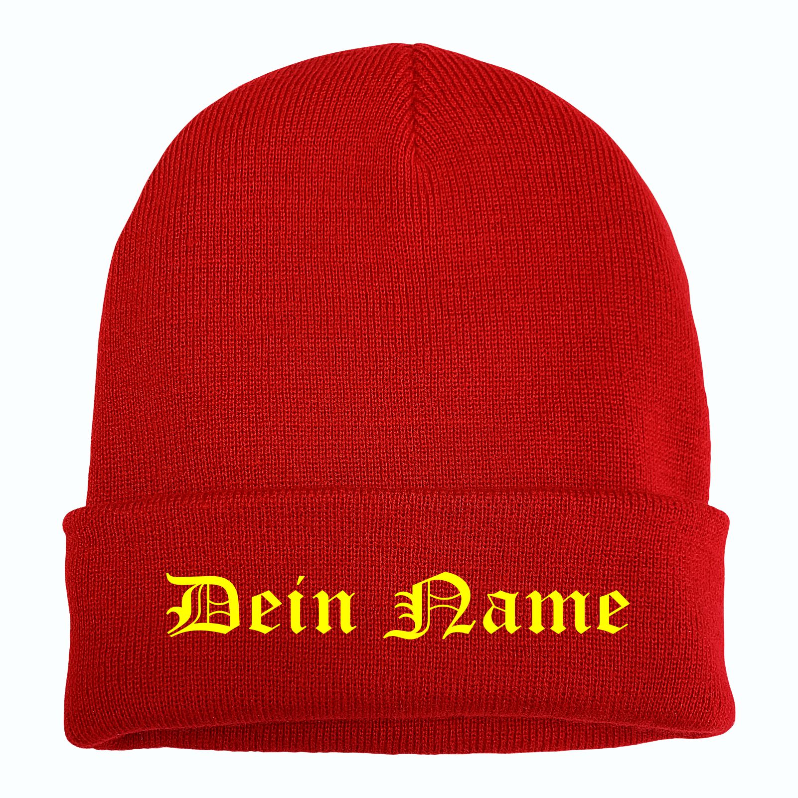 Umschlagmütze mit Wunschtext - Rot - Altdeutsch - bestickt - Mütze Strickmütze