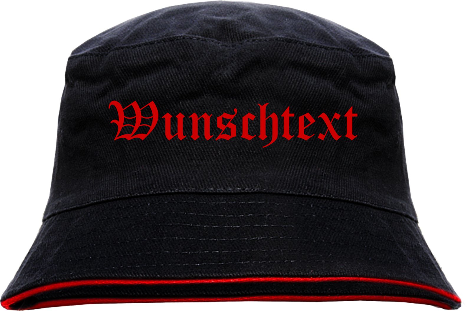 Individueller Fischerhut - schwarz rot - altdeutsch gerade - Bucket Hat mit Wunschtext bedruckt