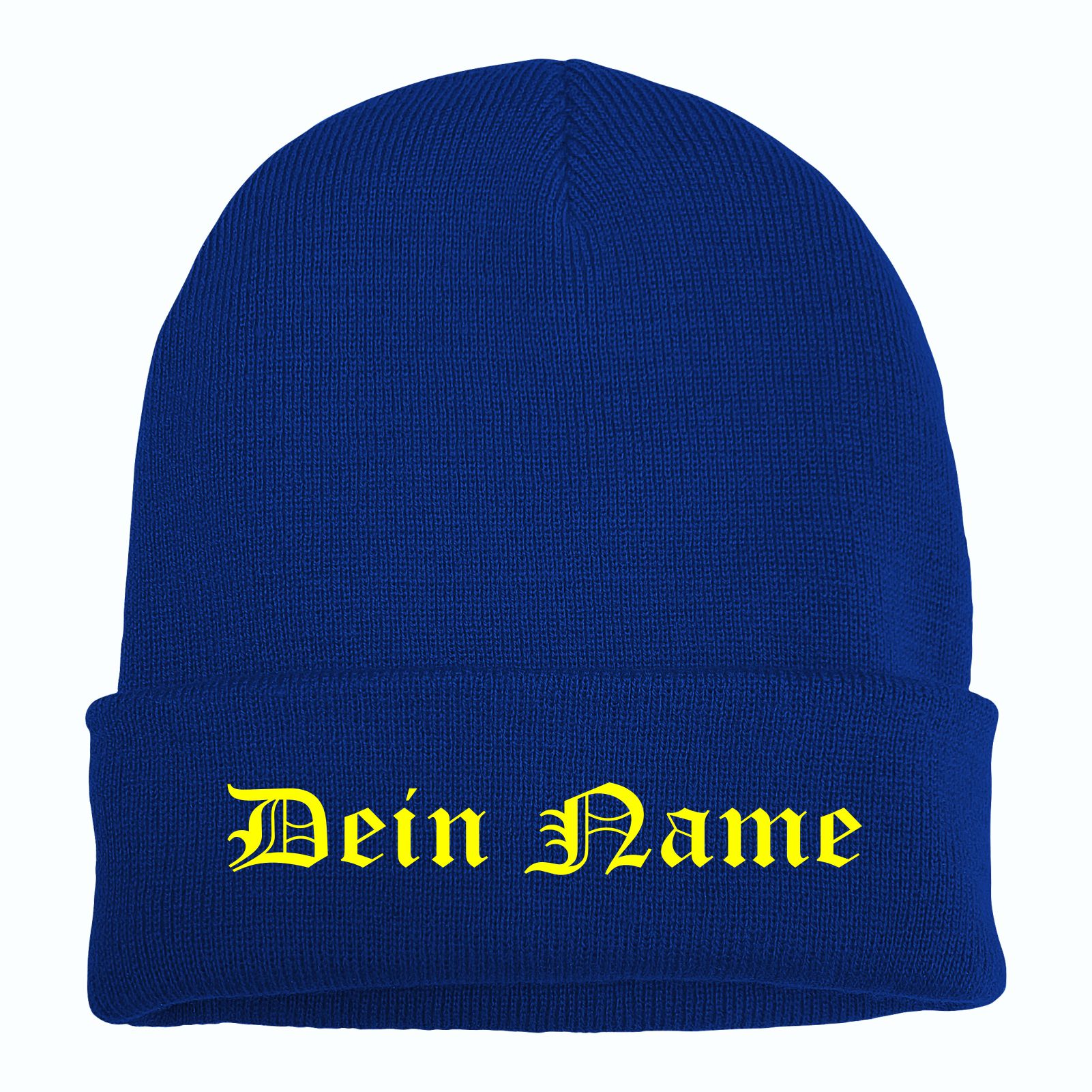 Umschlagmütze mit Wunschtext - Blau - Altdeutsch - bestickt - Mütze Strickmütze