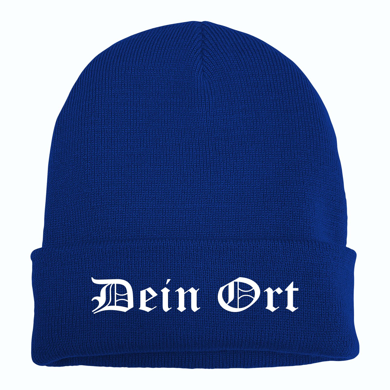Umschlagmütze mit Wunschtext - Blau - Altdeutsch - bestickt - Mütze Strickmütze