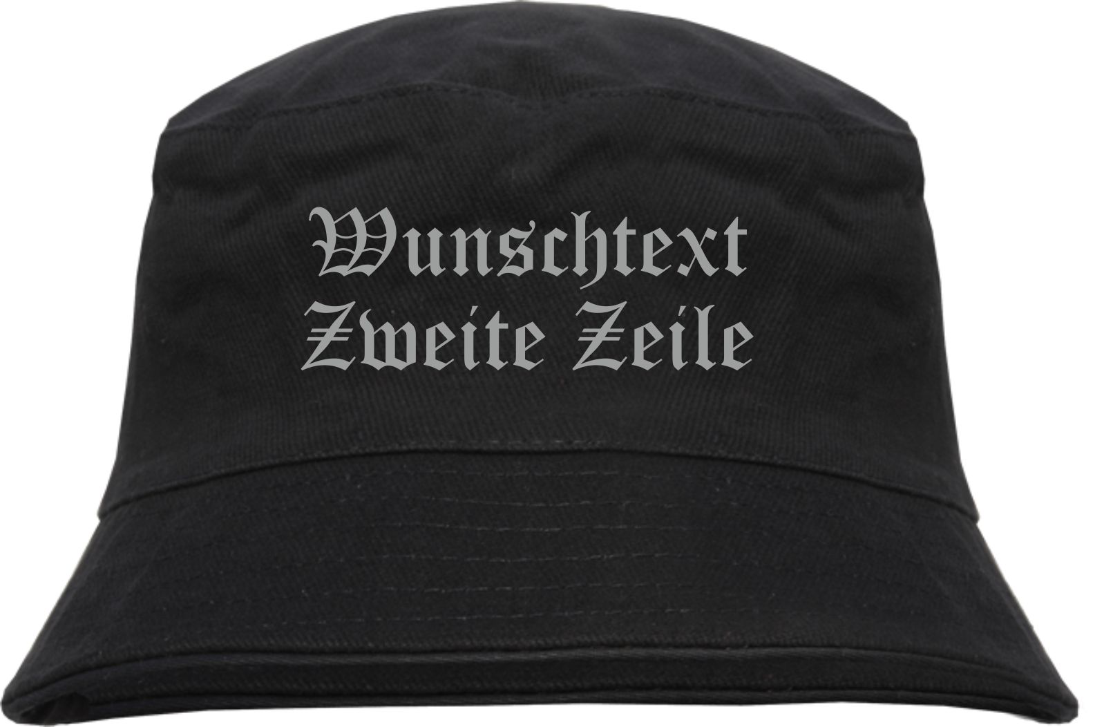 Individueller Fischerhut - schwarz - altdeutsch gerade - Bucket Hat mit Wunschtext bedruckt