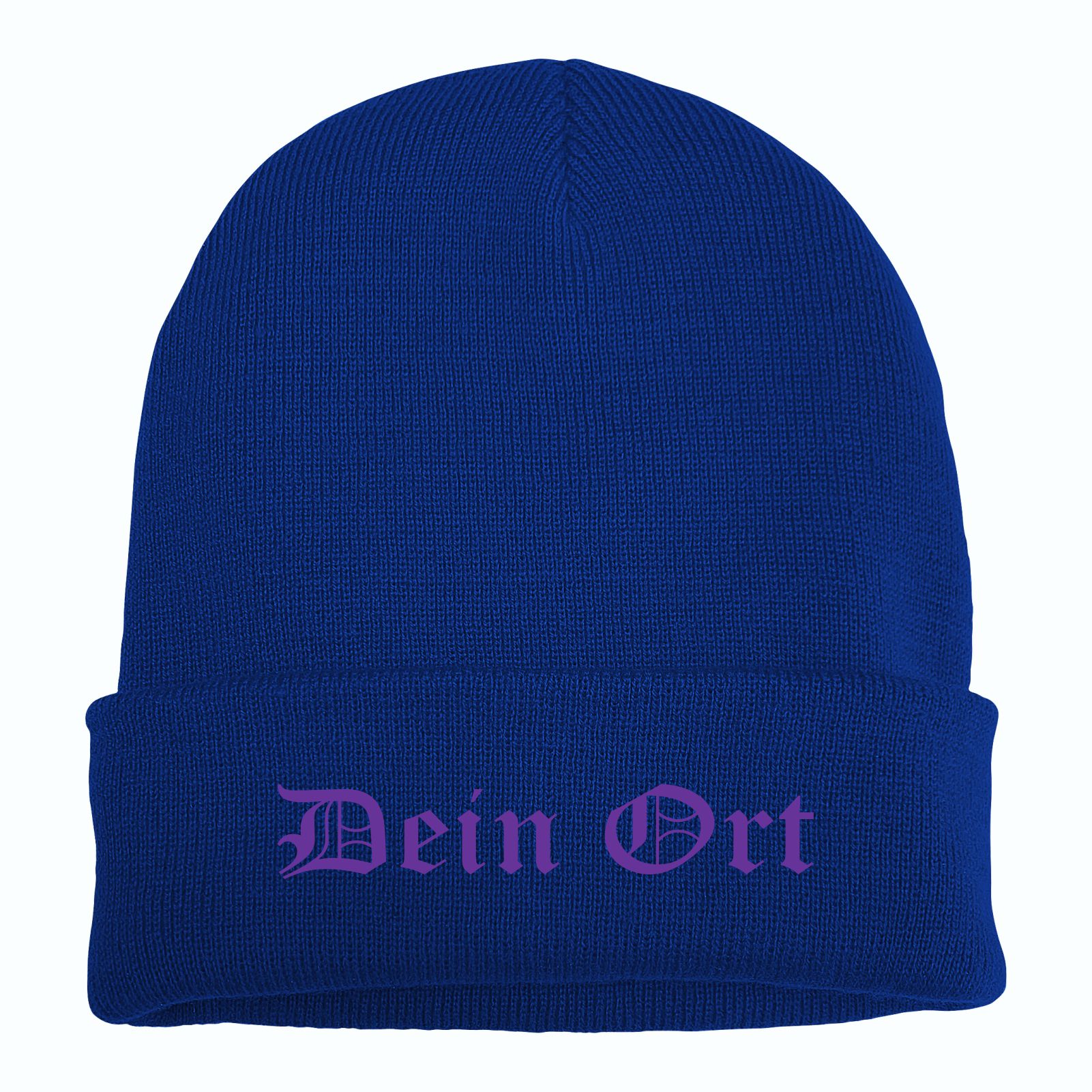 Umschlagmütze mit Wunschtext - Blau - Altdeutsch - bestickt - Mütze Strickmütze