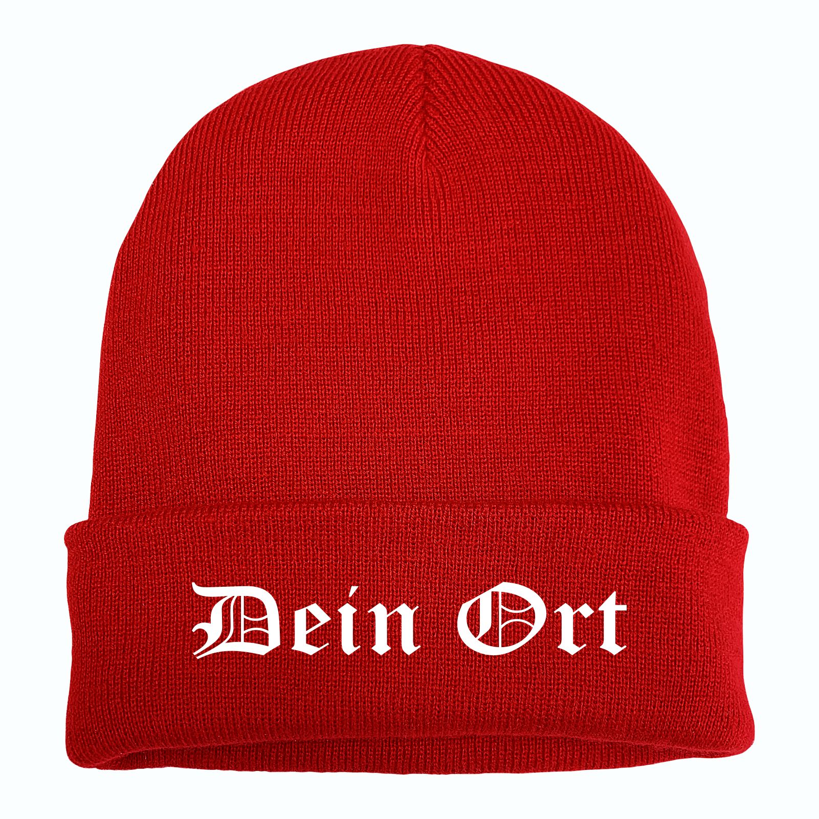 Umschlagmütze mit Wunschtext - Rot - Altdeutsch - bestickt - Mütze Strickmütze